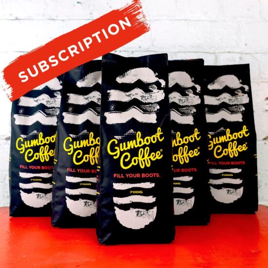 a row of Gumboot coffee bags